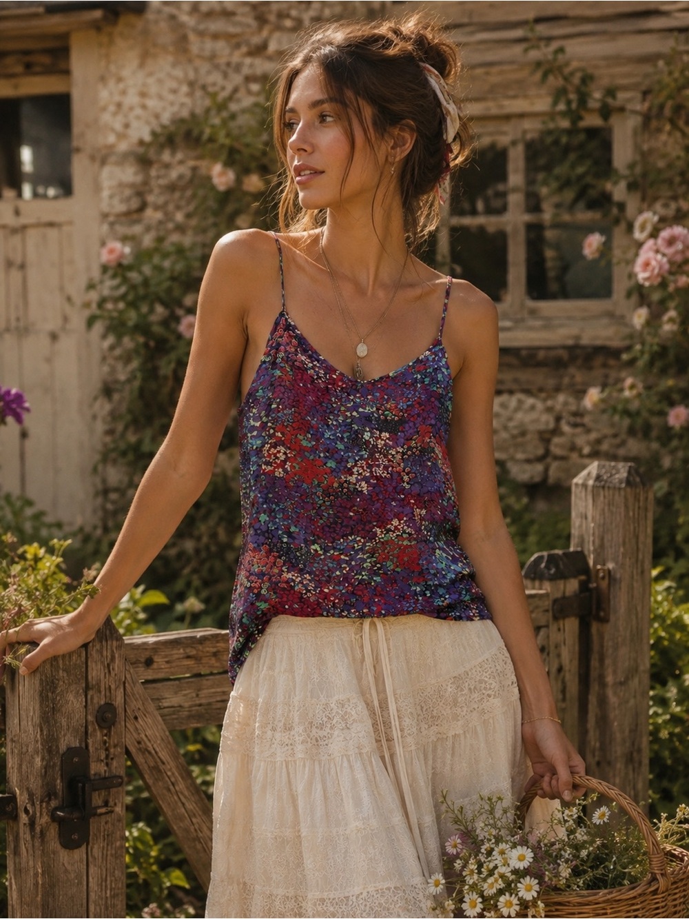 cameo Silk Multicolor Floral Spaghetti-Strap Tank Top